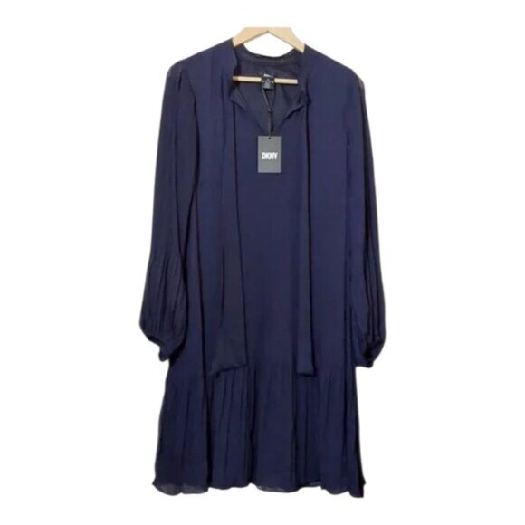 NWT! DKNY Long-Sleeve Tie-Neck Pleated Shift Dress Blue Georgette - 14W - Picture 5 of 13